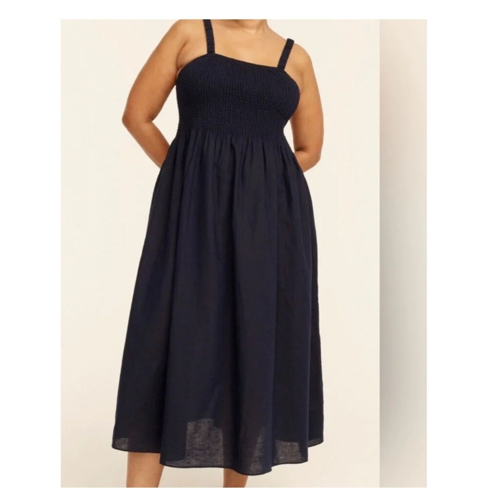 J. Crew Navy Blue Smocked beach dress in linen-cotton blend Size Large